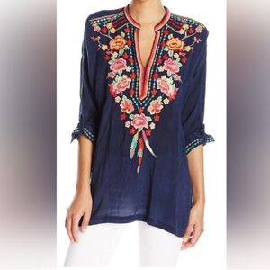 Johnny Was Navy Blossom Embroidered Tunic Top Blouse Small